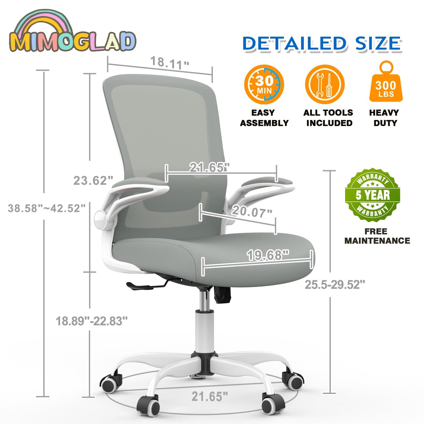 Mimoglad Ergonomic High Back Mesh Office Chair, Adjustable Lumbar Support, Thickened Seat Cushion (Modern, Moon Gray)