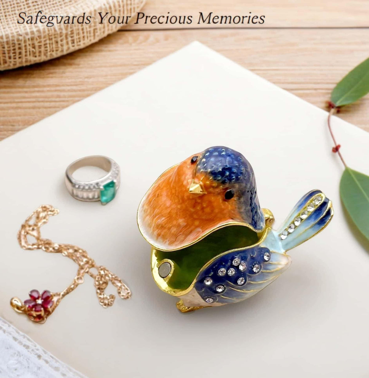 Robin Bird Jewelry Trinket Boxes Hinged Ring Box.Collectible Bird Figurines Home Decor Gifts for Women.Necklace Rings Earrings Organizer.