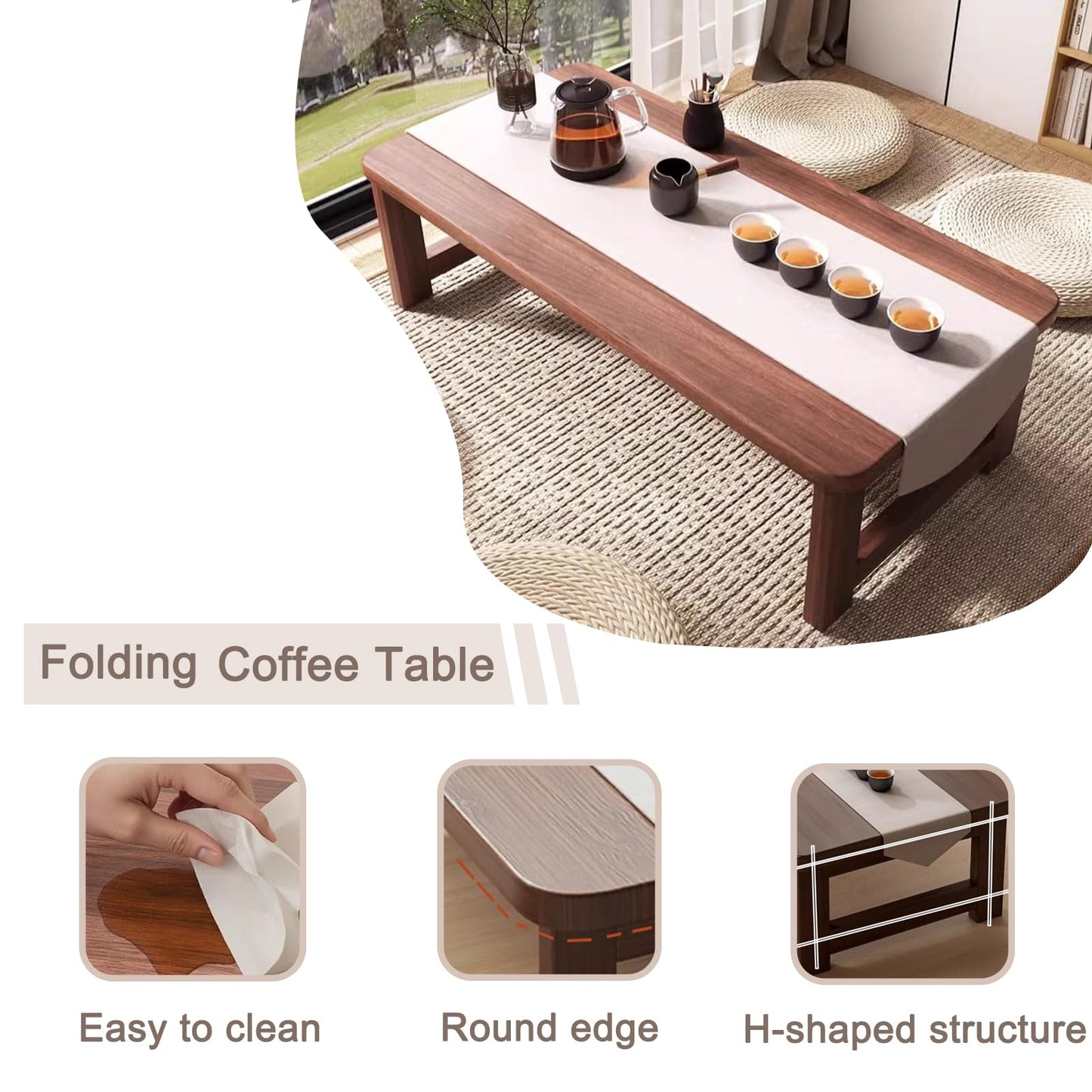 XIMSPHY Japanese Folding Coffee Table, Bamboo Foldable Floor Low Tables for Sitting On The Floor, No Assembly Portable Tea Table for Dinning Zen Living Room (31.5"x19"x13.7")