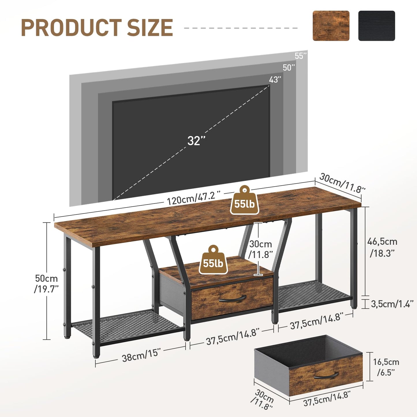 RALGEND TV Stand with LED Lights, for TVs up to 55 Inches, 47" Entertainment Center with Fabric Drawer & Soundbar Shelf, Media Console Table for Living Room, Bedroom, Rustic Brown and Black 1201DSDBB