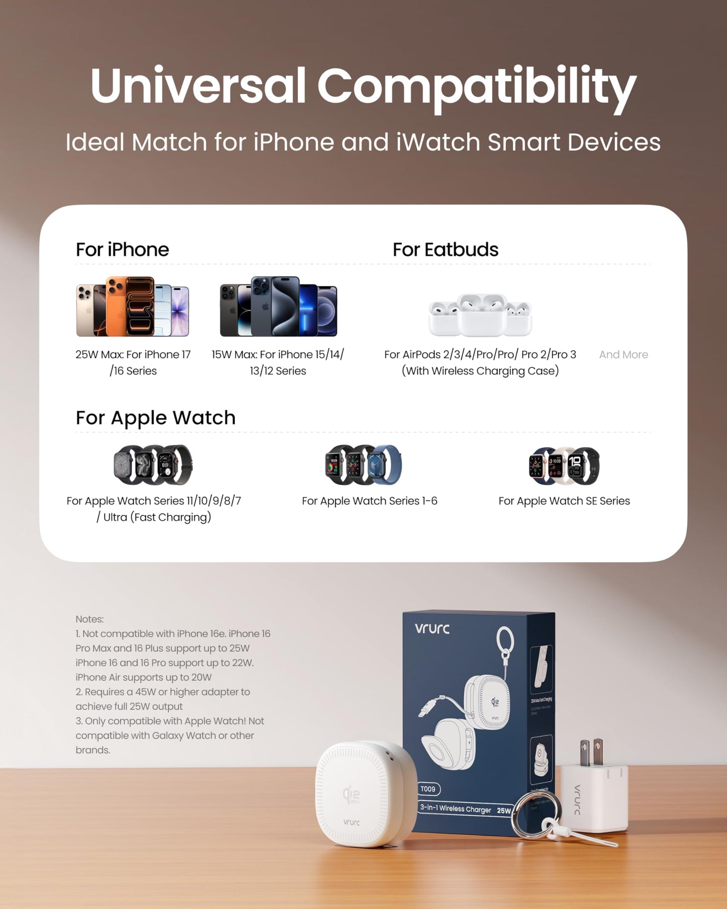 VRURC 3 in 1 Charging Station for Apple,Qi2.2 25W Magnetic Wireless Charger