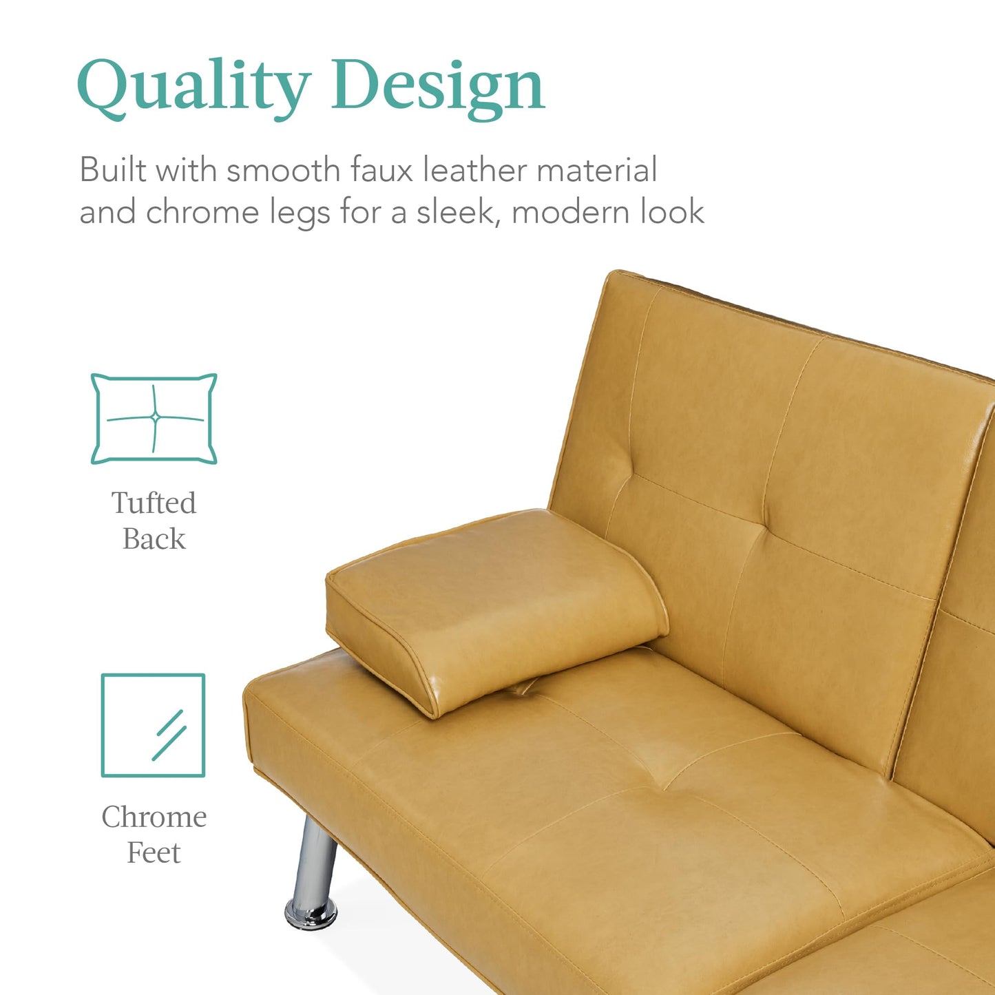 Best Choice Products Faux Leather Upholstered Modern Convertible Futon, Adjustable Folding Sofa Bed, Guest Bed w/Removable Armrests - Camel Yellow