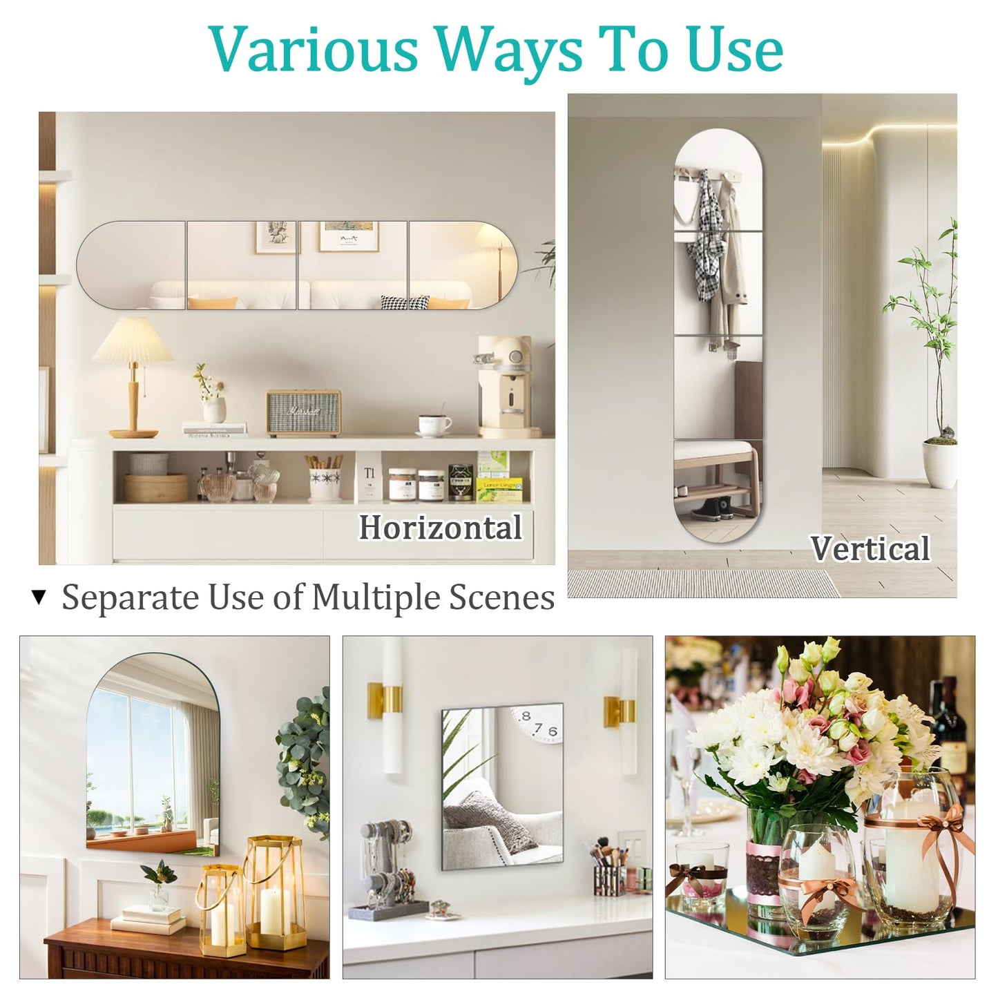 QEEYION Arched Full Length Mirror Wall Mounted 14''x12'' x 4PCS Frameless Glass Full Body Mirror Tiles for Wall, Door, Living Room, Bathroom, Bedroom, Cloakroom, Entryway Decor