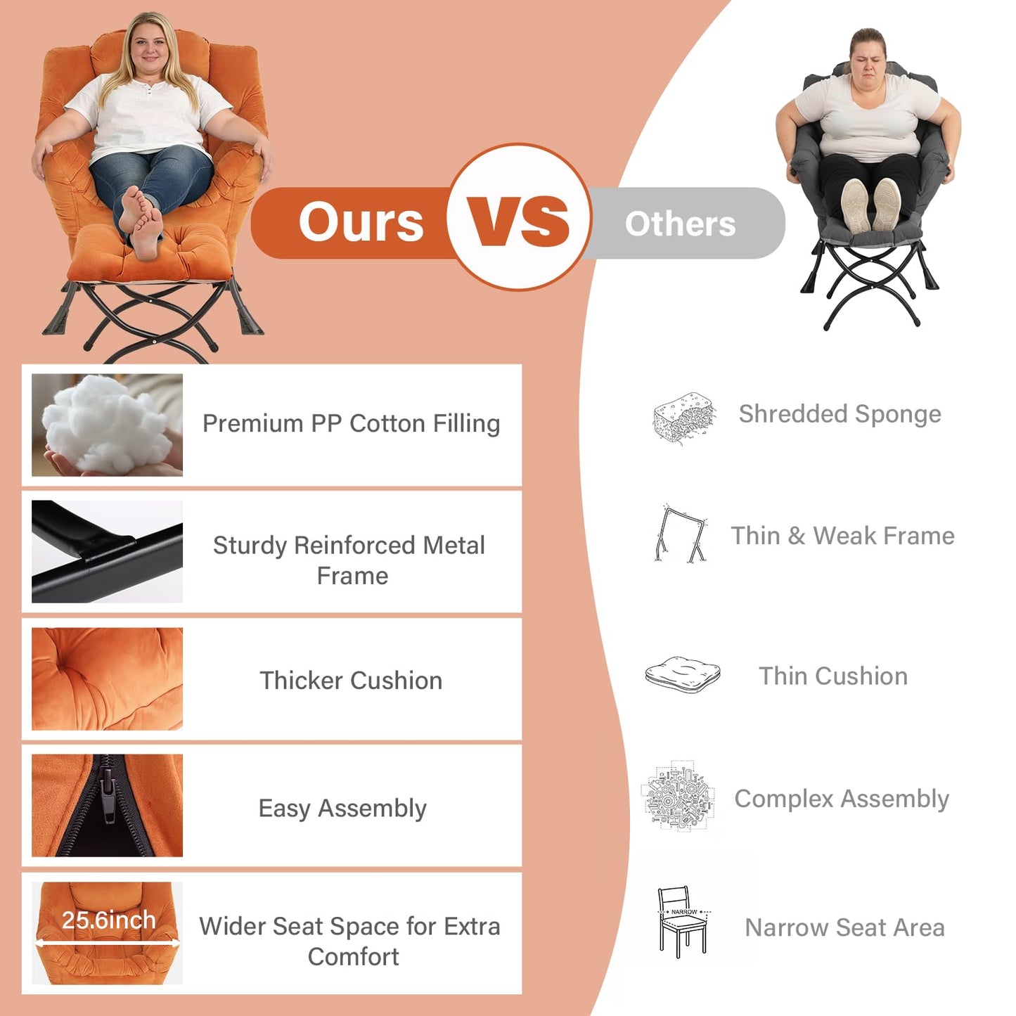 MBOOYOME Lazy Chair with Folding Ottoman, Modern Accent Armchair with Armrests, Side Pocket & Foldable Footstool, Reading Chair for Living Room, Bedroom, Dorm & Office, Velvet Orange