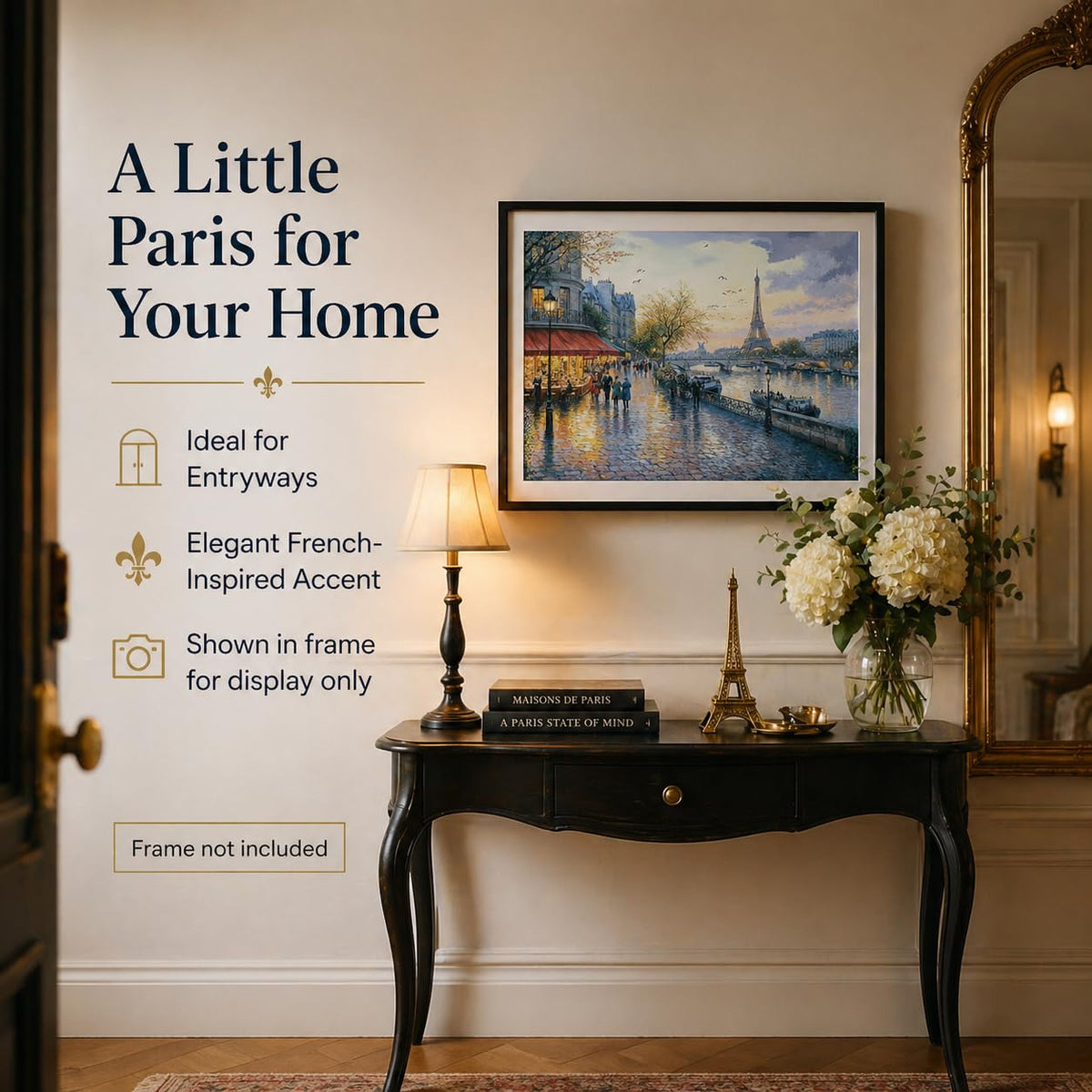 Evening Stroll In Paris: Eiffel Tower And Seine River Cityscape 11x14 Unframed Poster-Romantic French Sunset Painting, Scenic Street Scene, Cobblestone Street, Boat Scene, Parisian Cafe, Dusk Wall Art