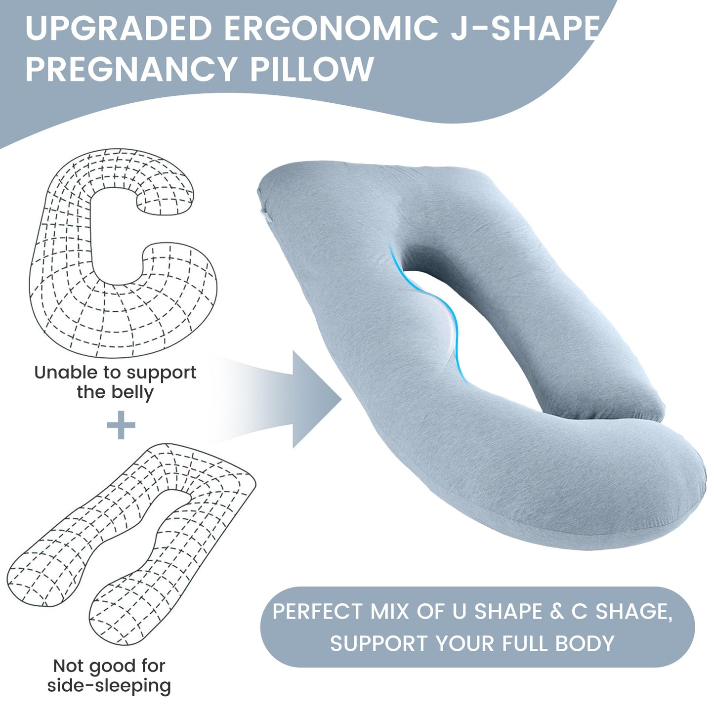 Jcickt Pregnancy Pillow for Sleeping,59 inch Maternity Pillow with Removable Washable Cover,J-Shaped Cooling Full Body Pregnant Pillow -Support for Backs,Legs, Belly, HIPS, Improve Sleep-Sky Blue