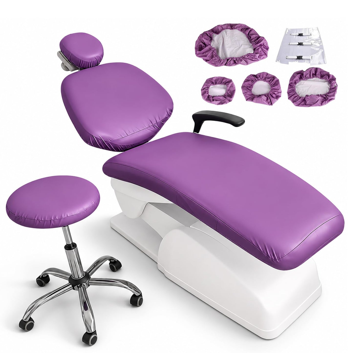 buyzg 5Pcs Dental Chair Covers Set - Waterproof & Non-Slip PU Leather Elastic Full Covers with Foot, Seat, Headrest & Backrest Protectors for Dental Clinic Chairs(Purple)