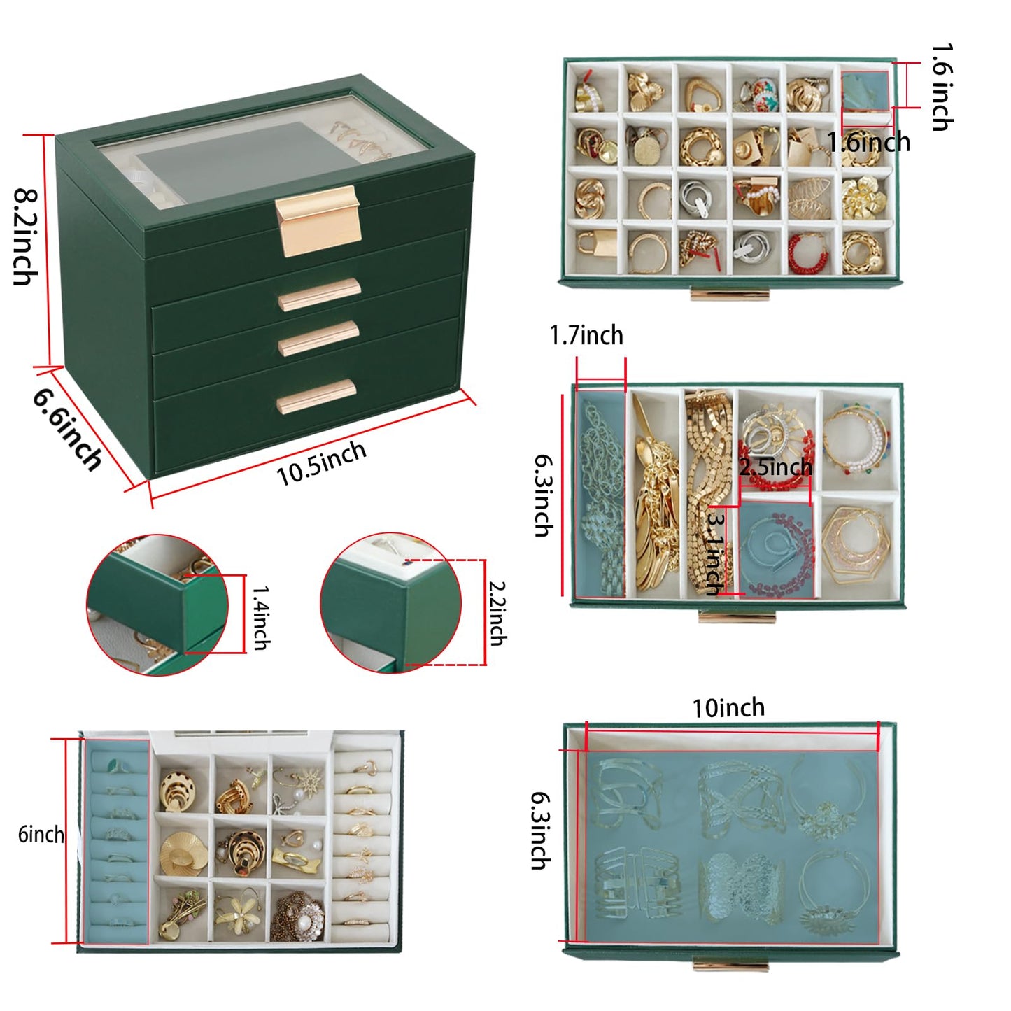BOOVO Jewelry Boxes for Women, White and Black 6 Layer Large Jewelry Box for Necklace, Bracelet, Earrings, Rings Storage, Jewelry holder Organizer for Girls Gift (Dark Green, 4 layer)