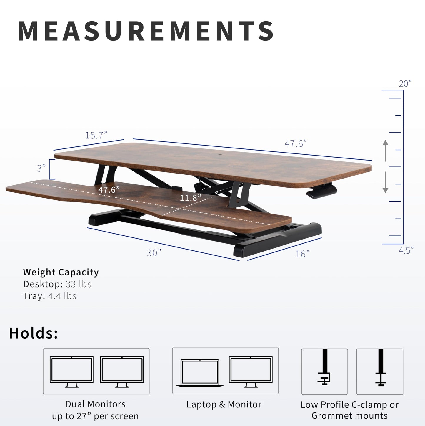VIVO 48 inch Desk Converter, K Series, Height Adjustable Sit to Stand Riser, Dual Monitor and Laptop Workstation with Wide Keyboard Tray, Rustic Vintage Brown Top, Black Frame, DESK-V048KN