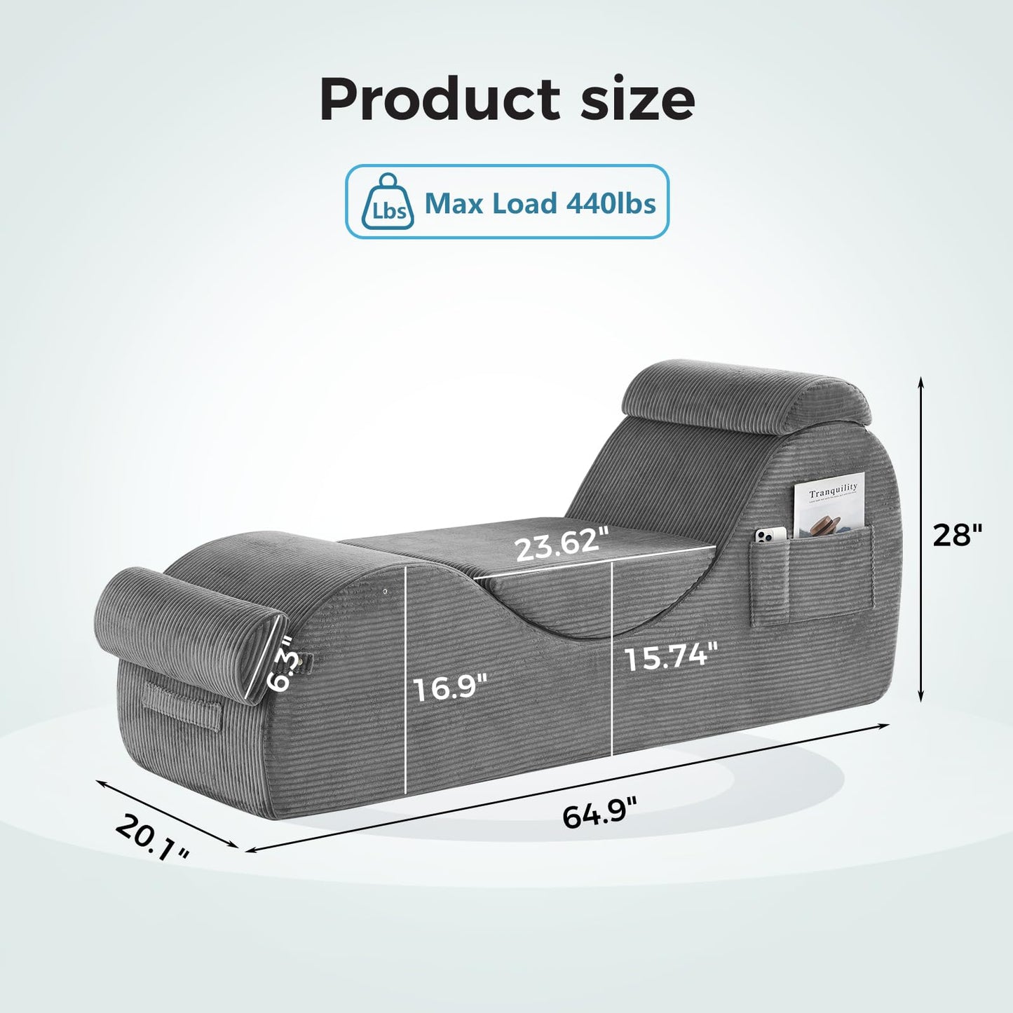 Yoga Chairs for Adults, Ergonomic Chaise Lounge Chair Indoor with Side Pocket, Lumbar Pillow, Ottoman, Yoga Chair Perfect for Stretching, Relaxation, Exercise, Used in Bedroom, Living Room（Grey）