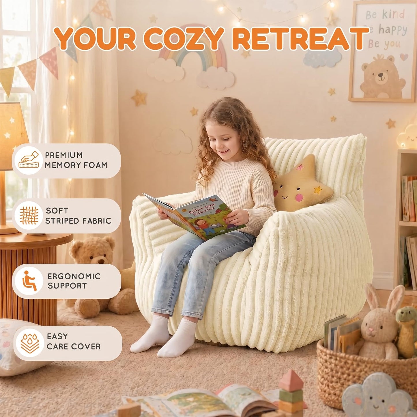 MaxiBean Bean Bag Chair - Plush Faux Fur Floor Seating Furniture Bean Bag Chair for Living Room, Bedroom, Playroom (2.5FT Stripe White)