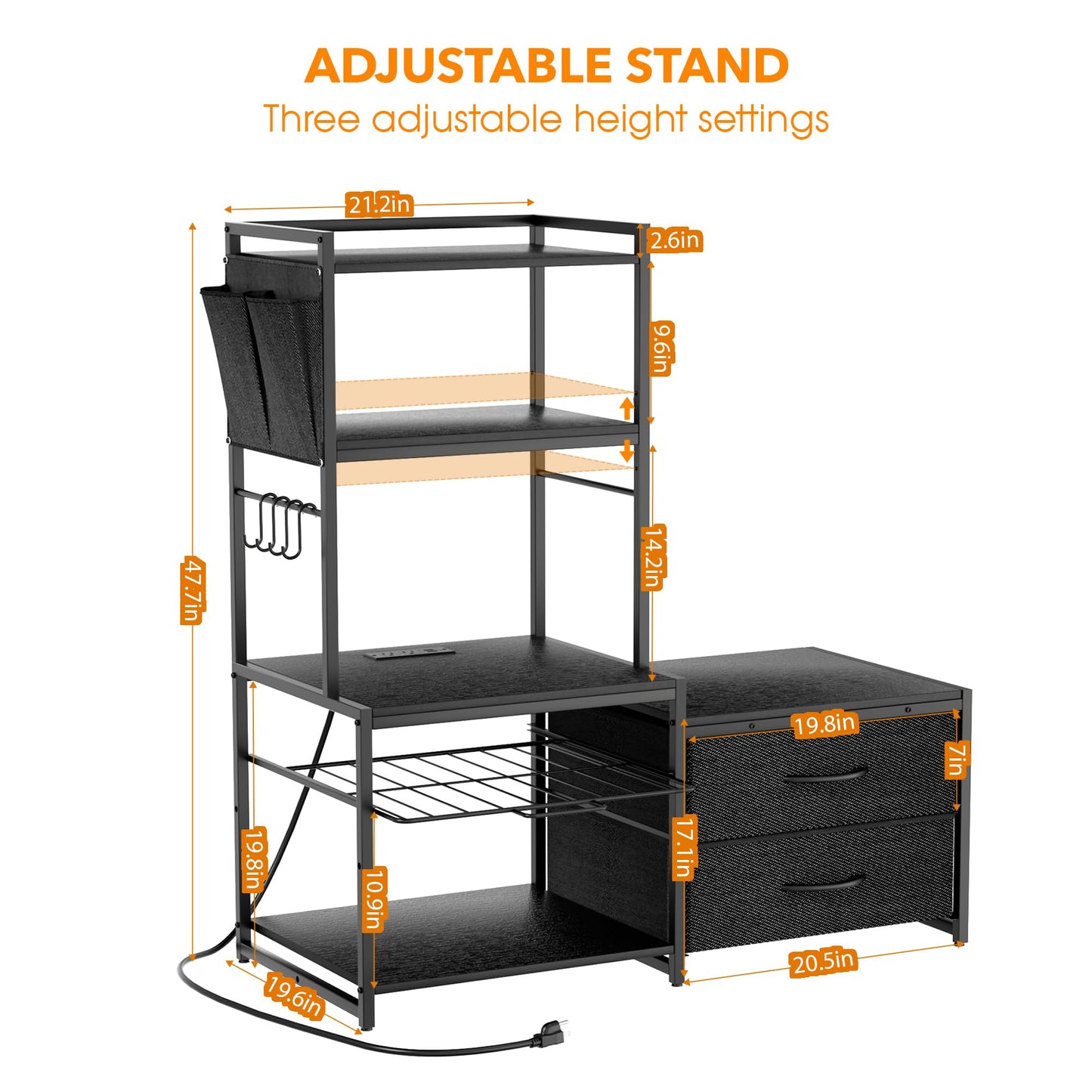 POZILAN 47" Adjustable Mini Fridge Stand with Storage, 5-Tier Mini Fridge Shelf with Power Outlet, Sturdy Coffee Bar Station with Pod Storage, Microwave Stand for Dorm, Office, Kitchen, Black