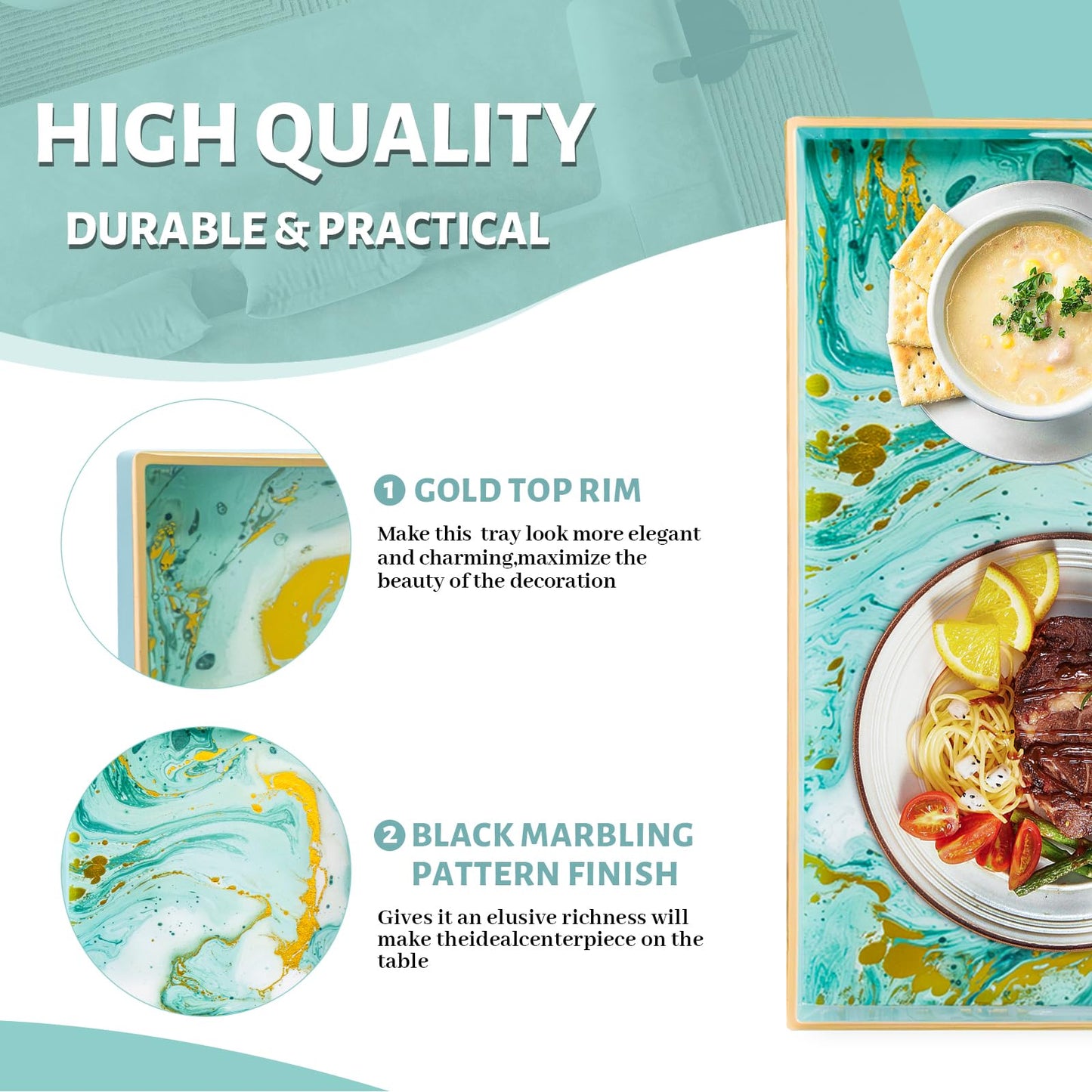 MAONAME Turquoise Serving Tray with Handles, Plastic Decorative Tray for Coffee Table, Marbling Rectangular Trays for Bathroom, Ottoman, Storage, 15.7" Lx 10.2" W X 1.57" H