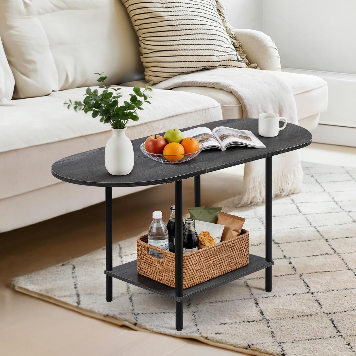 KANEODOT Small Coffee Table,35.4'' Oval Coffee Table with Storage Shelf & Metal Frame,Low Cocktail Tea Accent Table for Apartment,Modern Mid Century Small Living Room Table,Dark Gray