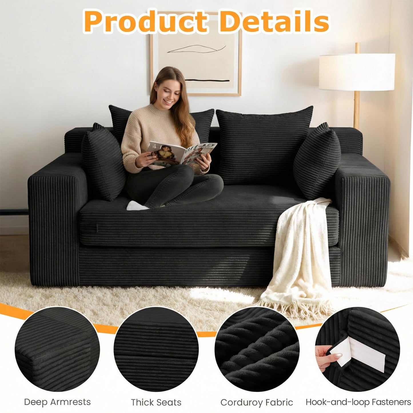 55" Small Boneless Couch, 3-in-1 Boneless Loveseat Sleeper Sofa Bed Convertible Sofa Bed with 4 Pillows, Black Corduroy Boneless Couch for Living Room, Guest Room, Small Space, No Assembly Required