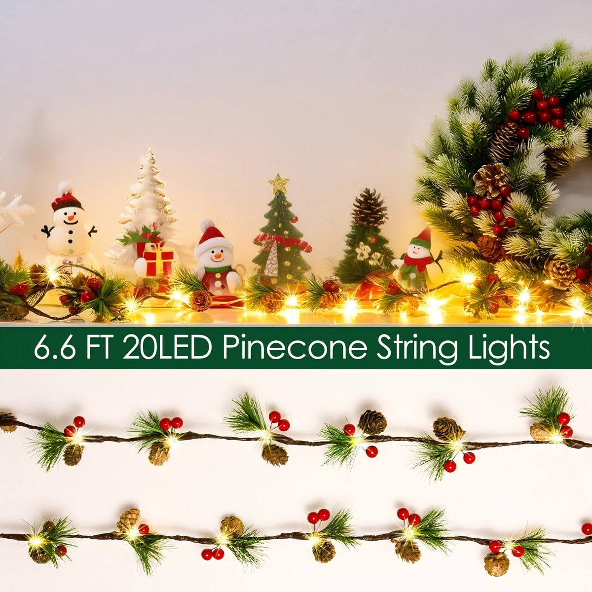 Christmas Pine Cones String Lights Battery Operated,6.6ft 20 LED Pinecone Fairy String Lights with Red Berry,Decor Lights for Indoor Fall Christmas Tree Garland Mantel Table Decoration (Warm White)
