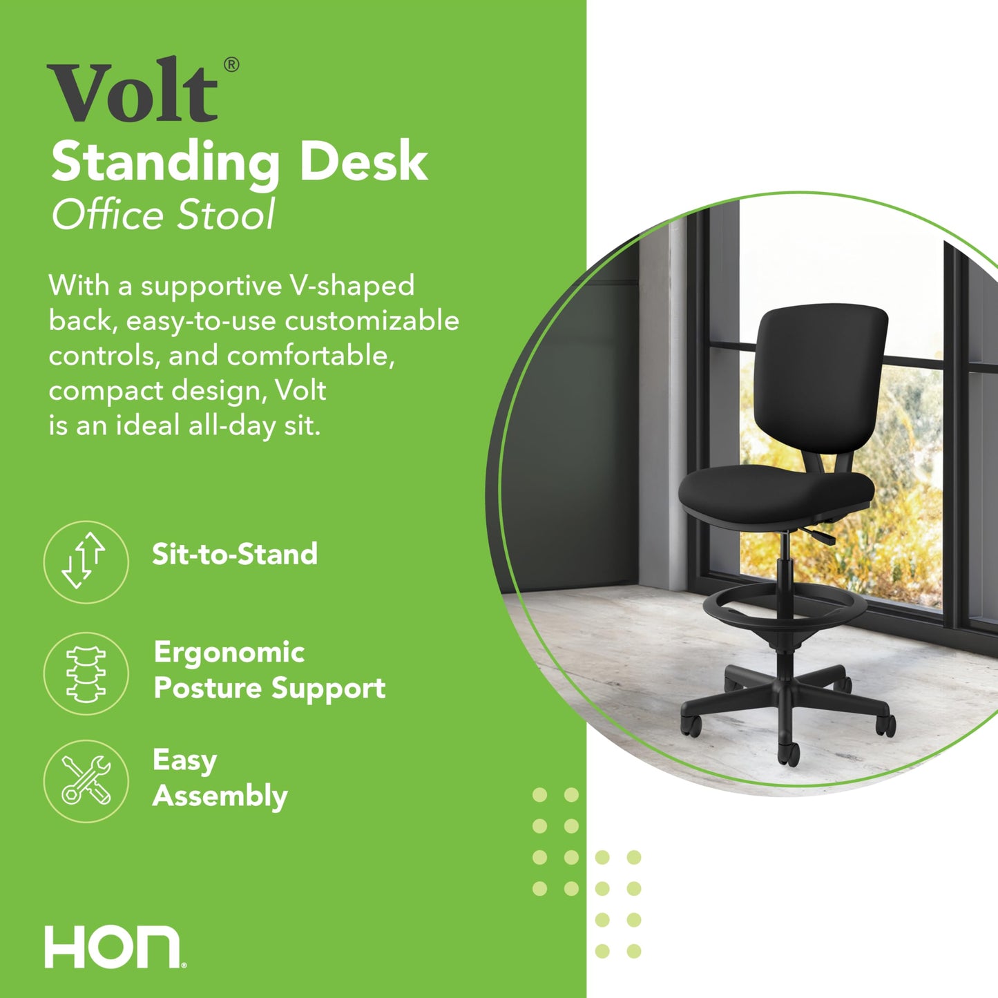HON Volt Standing Desk Chair with Footring, Armless Ergonomic Task Stool with Center‑Tilt Recline, Adjustable Height Seating for Computers, Desks, and Sit‑Stand Workstations, Black