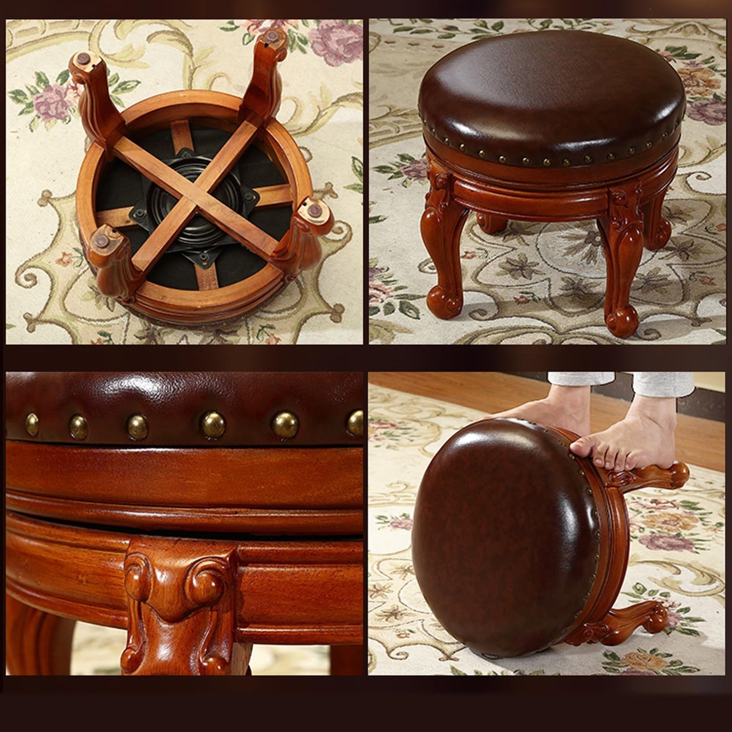 TXGJWRA Leather Wooden Foot Stool Round Ottoman, 360° Rotation Upholstered Foot Rest, Living Room Rest Stool Footrest,Shoe Changing Stool for Entryway Cloakroom,