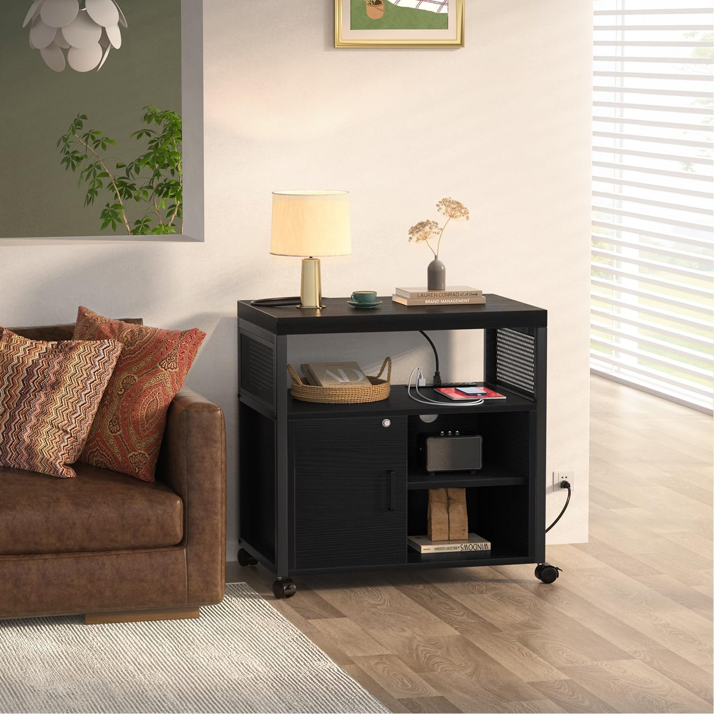 Unikito Lateral File Cabinet, Locking Office Printer Stand with Sockets and USB Charging Ports, Modern Rolling Printer Desk with Storage for A4, Letter Size and File Folders, Black