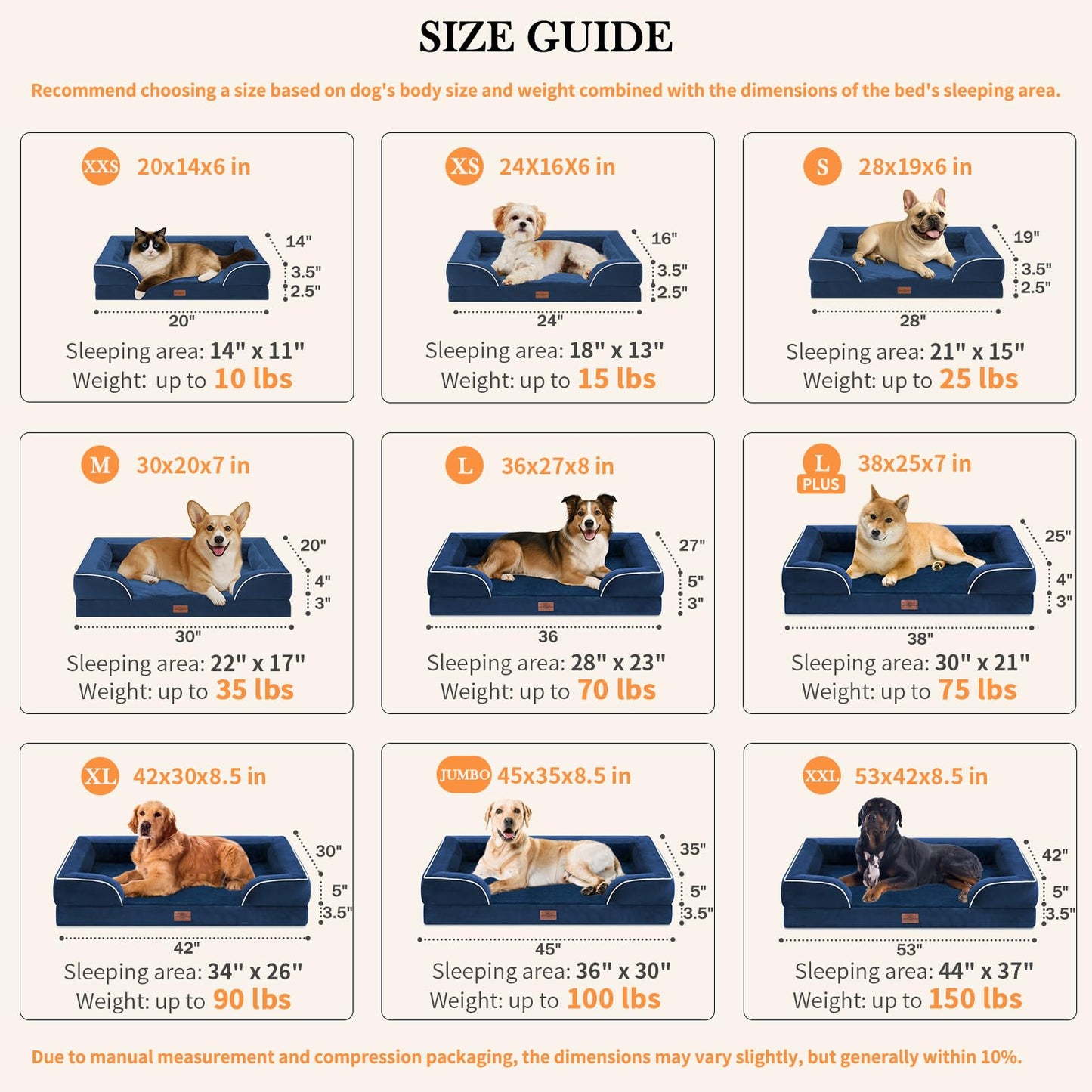 Comfort Expression Orthopedic Dog Bed for Extra Large Dogs 42x30 Inch, Waterproof Egg Crate Foam XL Pet Bed with Removable Bolsters, Dog Couch with Washable Cover & Non-Slip Bottom, Navy Blue