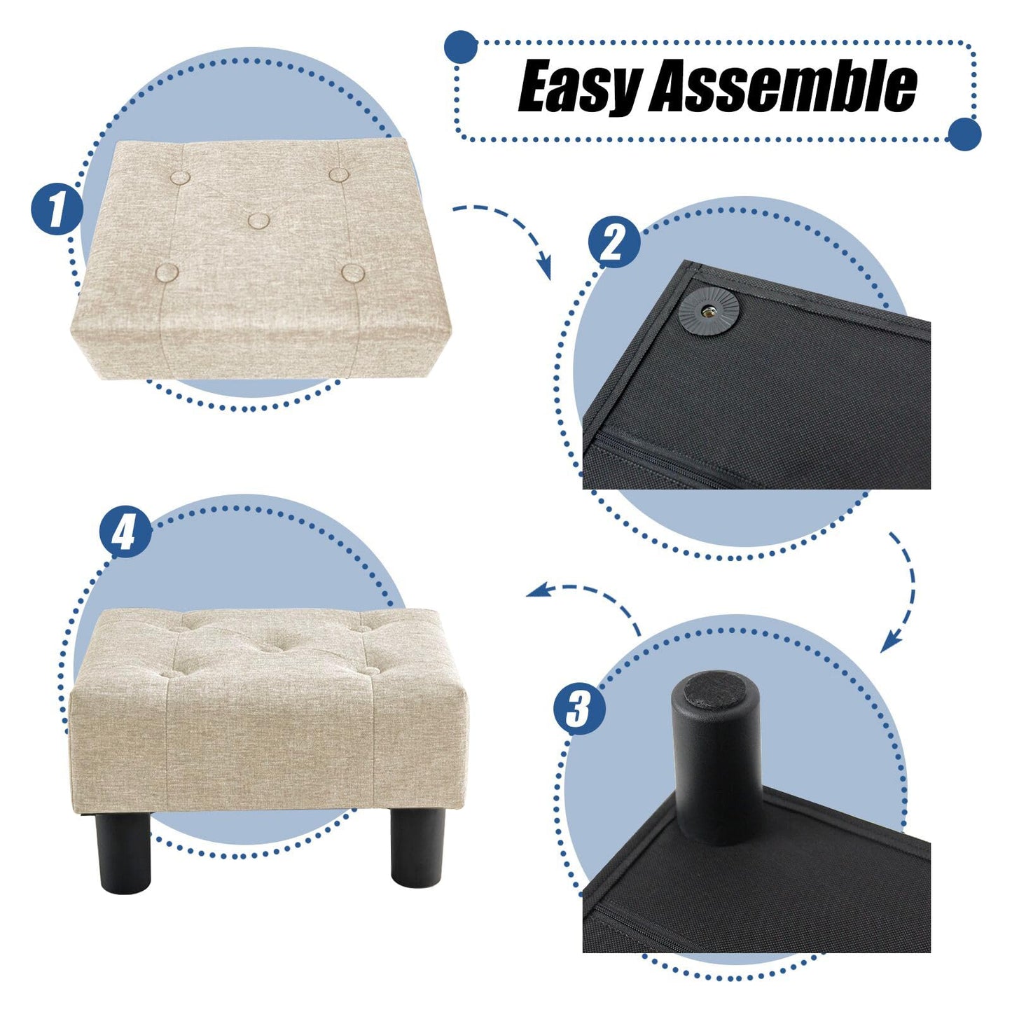 BRIAN & DANY Small Foot Stool, Linen Foot Stools with Legs, Stable Small Footstool for Living Room, Beige