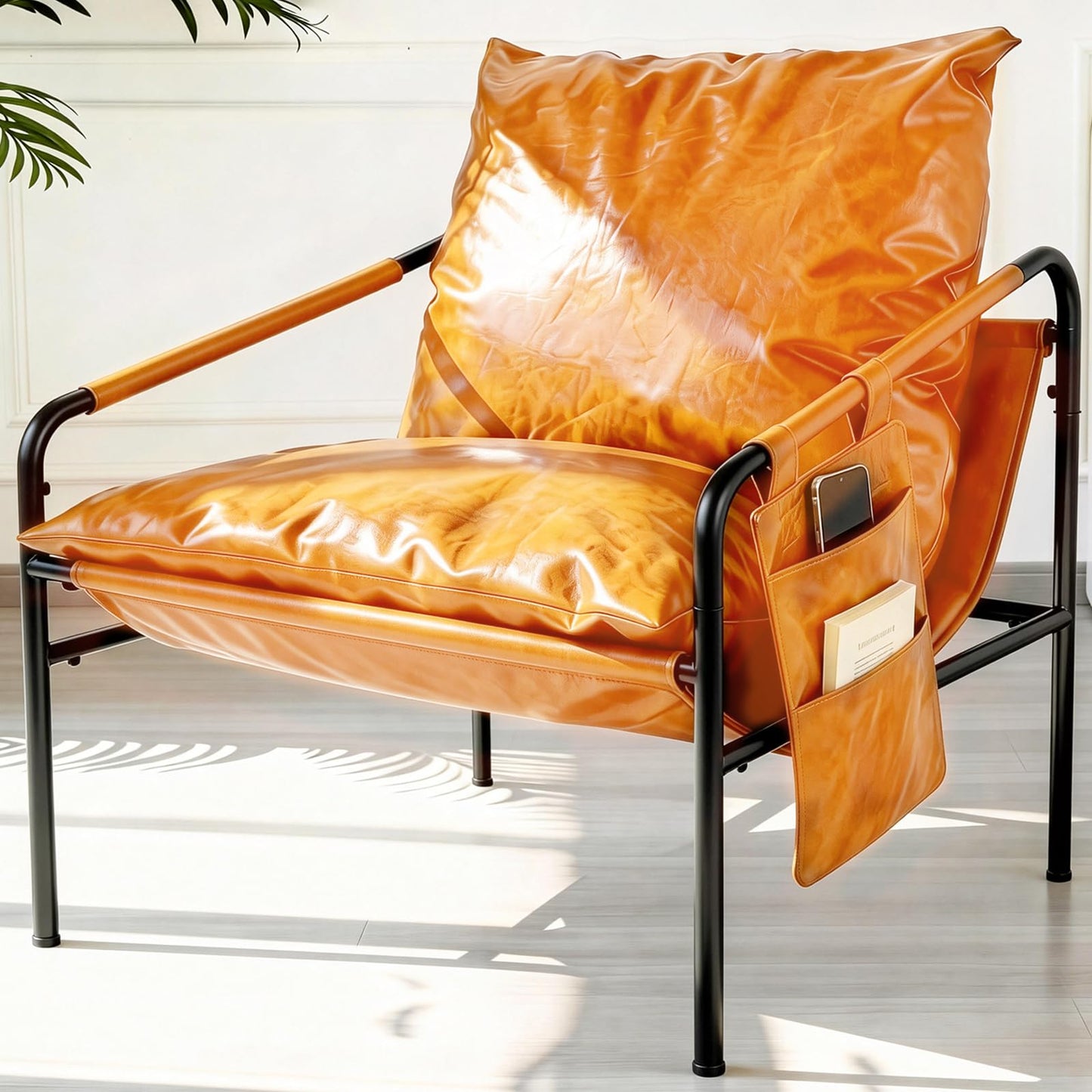 Modern Bright Orange Oversized Faux Leather Chair, Recliner Armchair, Comfy Accent Chair with Sturdy Metal Frame, Armrest bag, Indoor Outdoor couch sofa Chair for Living Room Bedroom Patio lounge