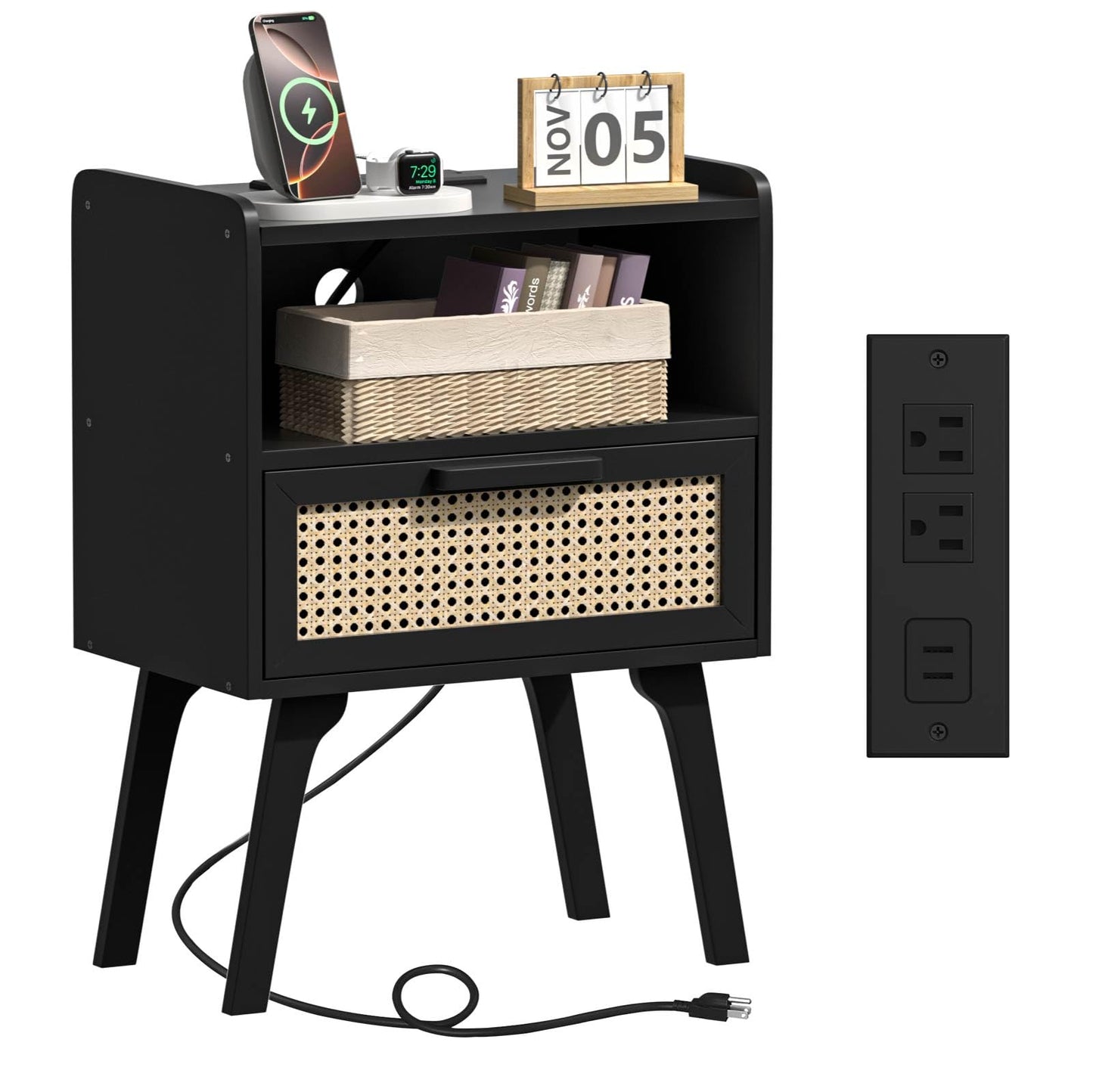 Lerliuo Rattan Nightstand with Charging Station, Black Bedside Table with Drawer Open Shelf, Cane Accent Side End Table with Solid Wood Legs, Night Stand for Bedroom, Dorm and Small Spaces