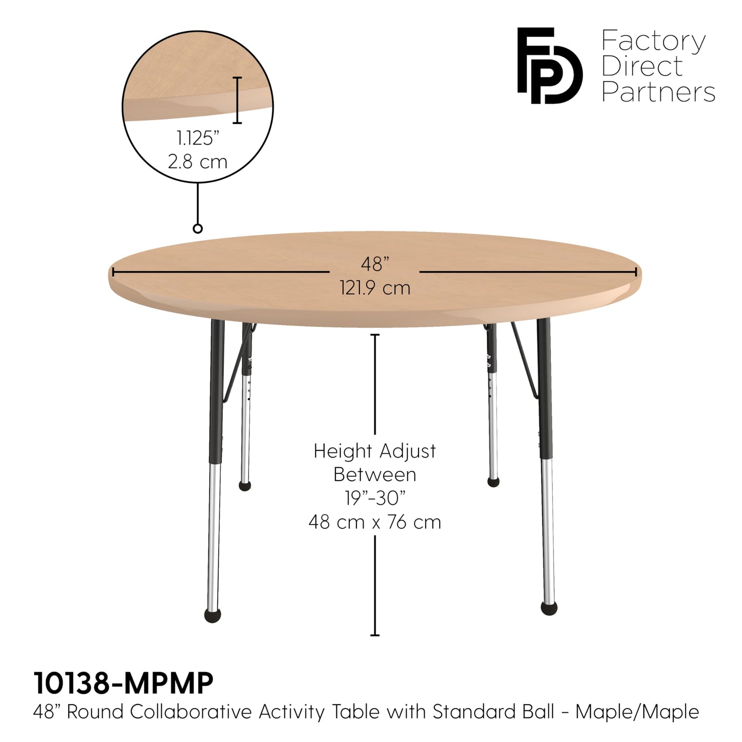 Factory Direct Partners FDP 48" Round Thermofused Classroom Activity Table with Standard Ball Glide Legs, Adjustable Height 19"-30" - Maple/Maple/Black, 10138-MPMP