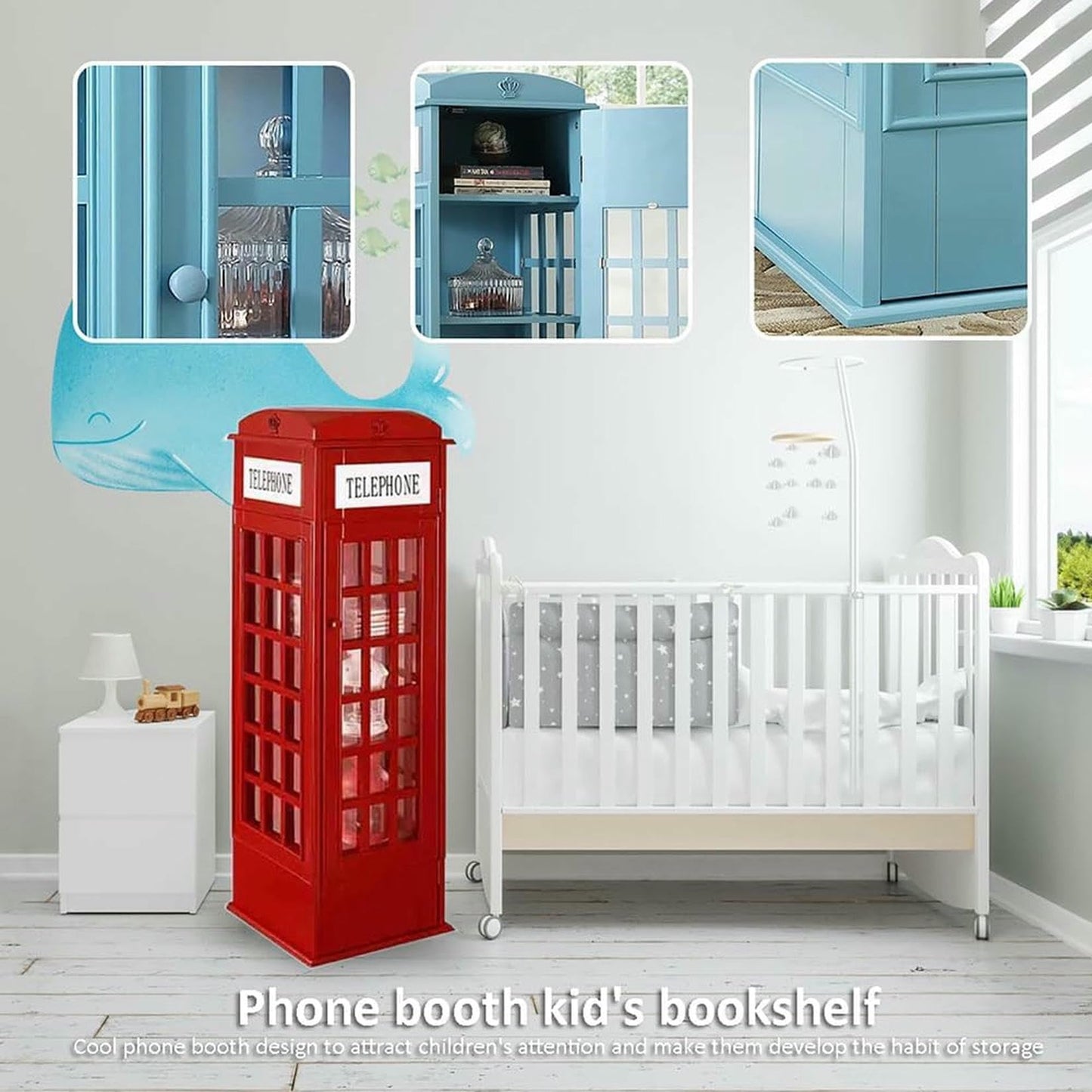 MNJVCFDS Telephone Booth Bookshelf, 5-Tier Wood Bookcase, Floor Standing Bookcase with Acrylic Door, Phone Booth Storage Cabinet Organizer Display Bookshelf