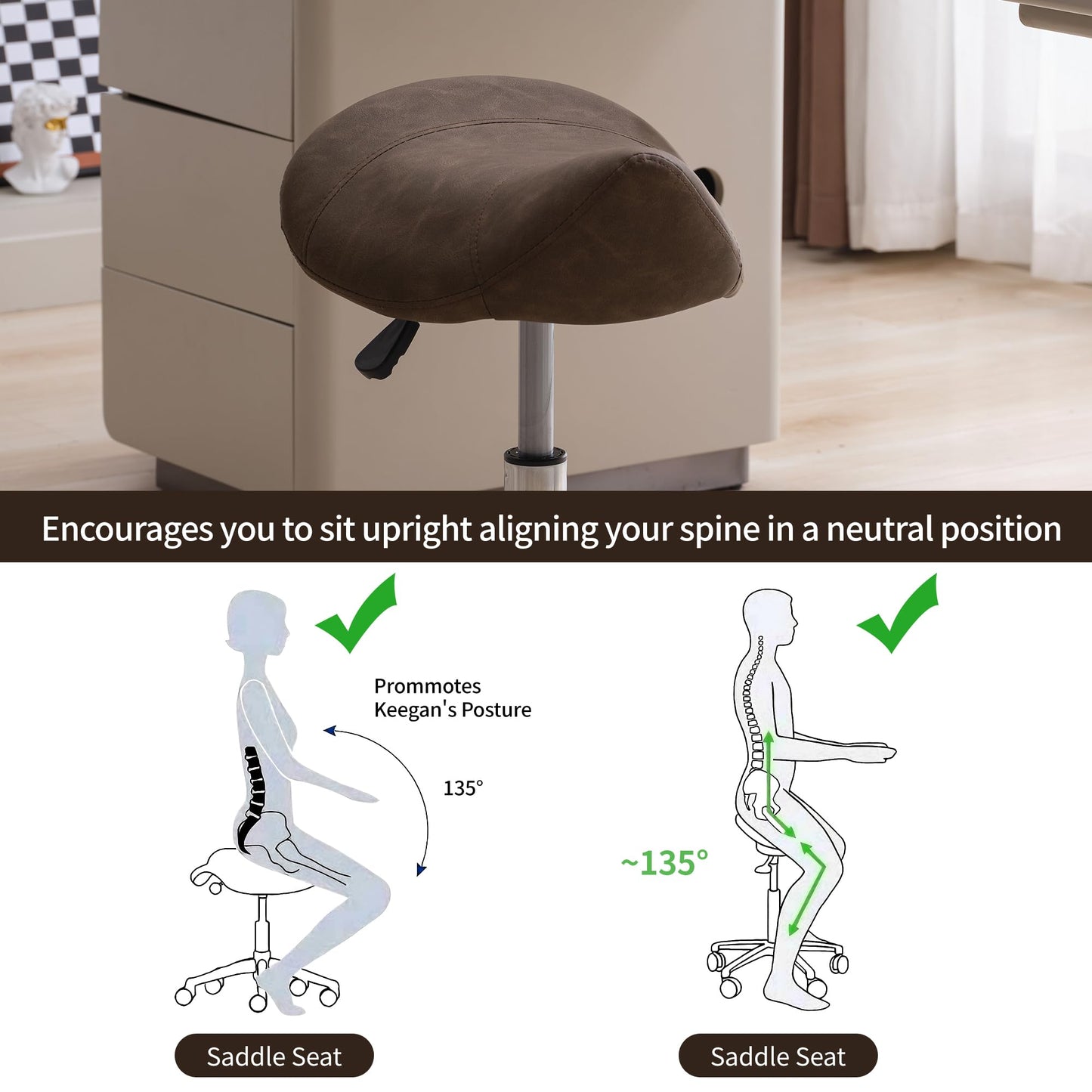 FIRAVOE Saddle Stool, Swivel Saddle Stool with Wheels, Adjustable Rolling Stool 18"-26", Faux Leather Rolling Stool for Salon, Massage, Clinic, Lab, Office (Tan, 1PCS (18"-26"))