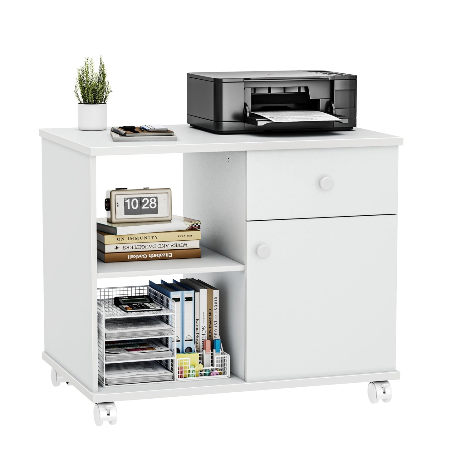 Quikraen Rolling File Cabinet Mobile Filing Cabinets with Doors, Adjustable Shelves Storage Cabinet, Lateral Printer Stand with Drawer for Office Supplies Mobile Filing Cabinet White