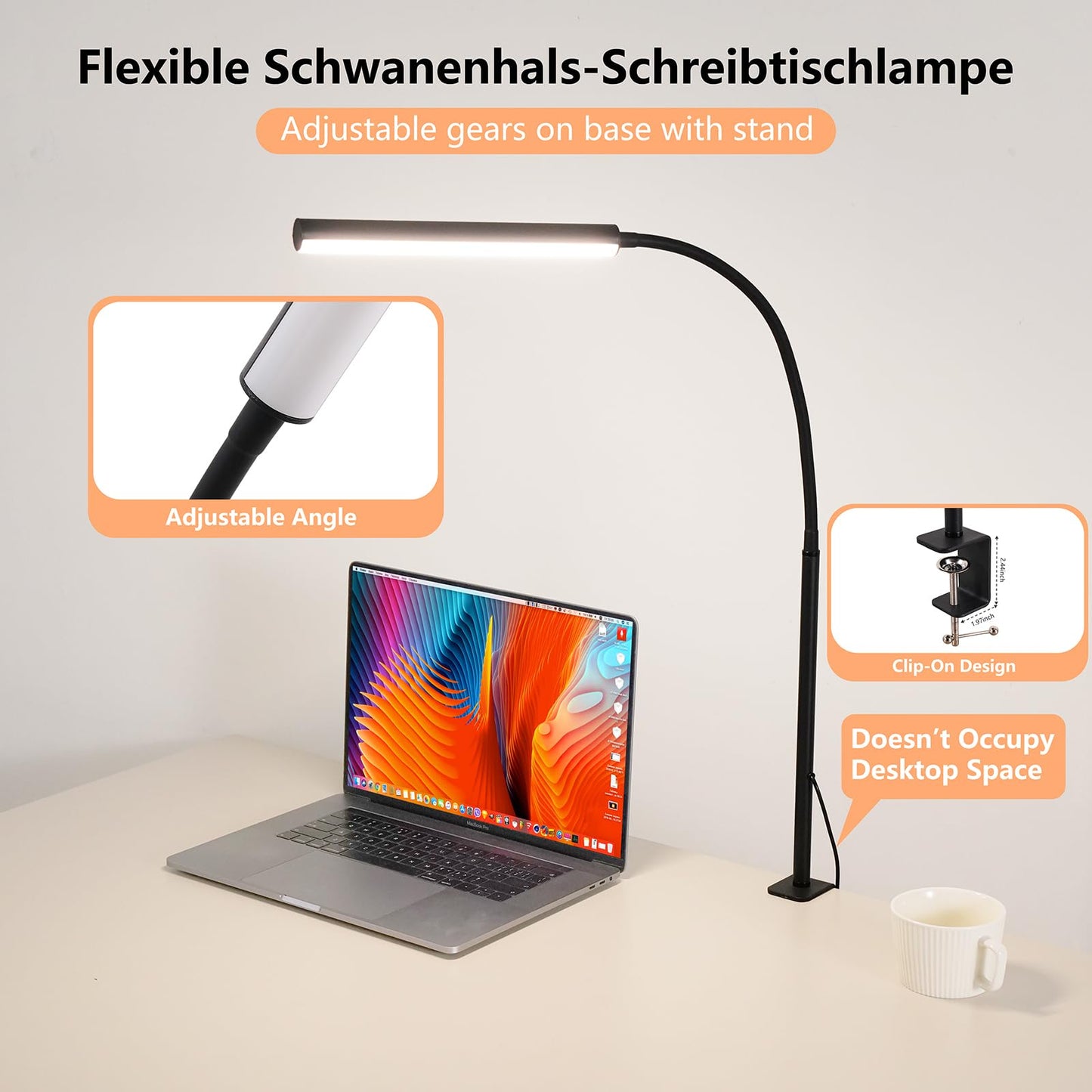 FAPEMIH LED Desk Lamp for Office Home, Adjustable Flexible Eye-Caring Desk Light with,5 Modes 10 Brightness Adjustment, USB Adapter Desk Lamp with Clamp-MINI-B