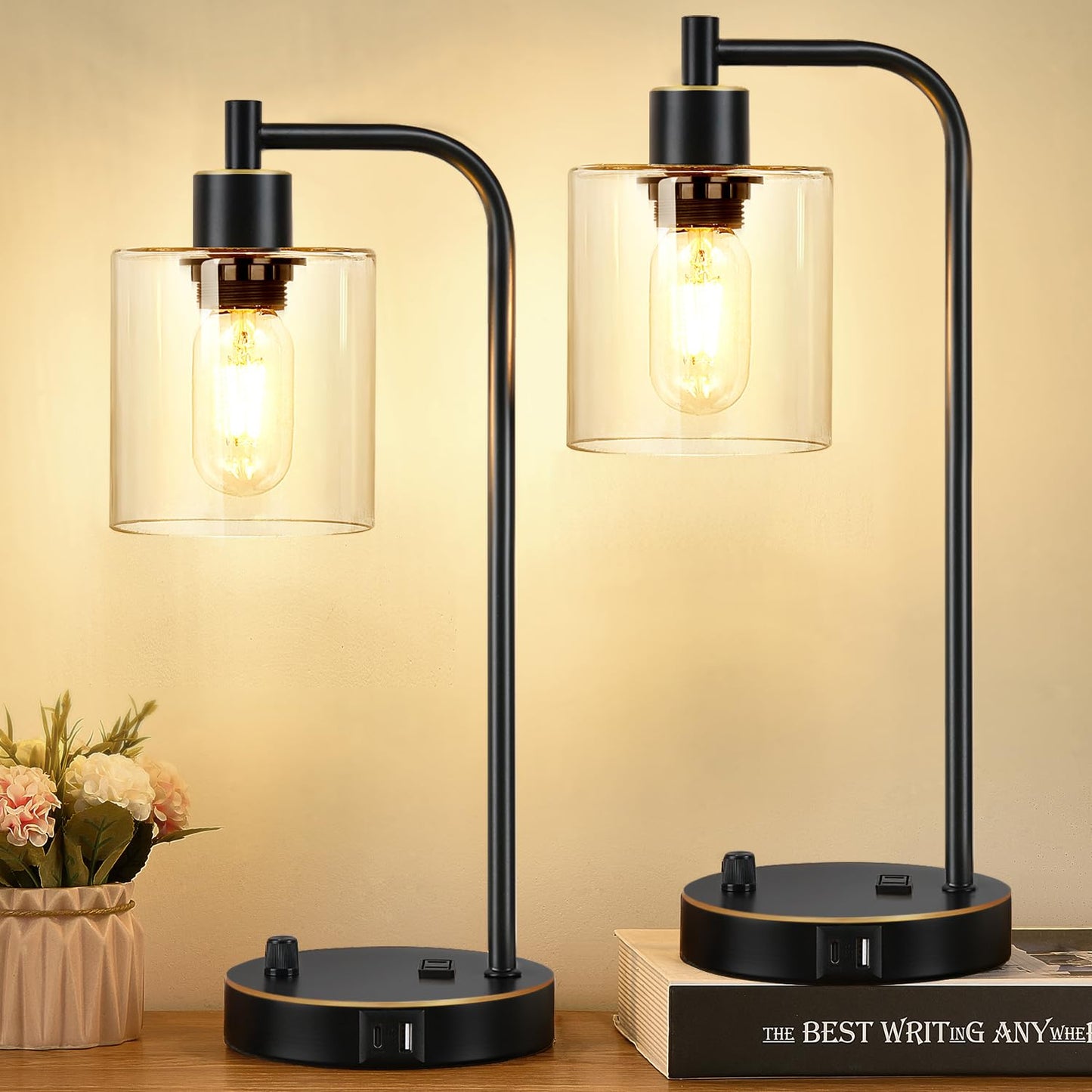 Set of 2 Black and Gold Industrial Table Lamps with USB Port, Fully Stepless Dimmable Bedside Lamps for bedrooms, Nightstand Desk Lamps with Clear Glass Shade for Reading Office 2 LED Bulb Included