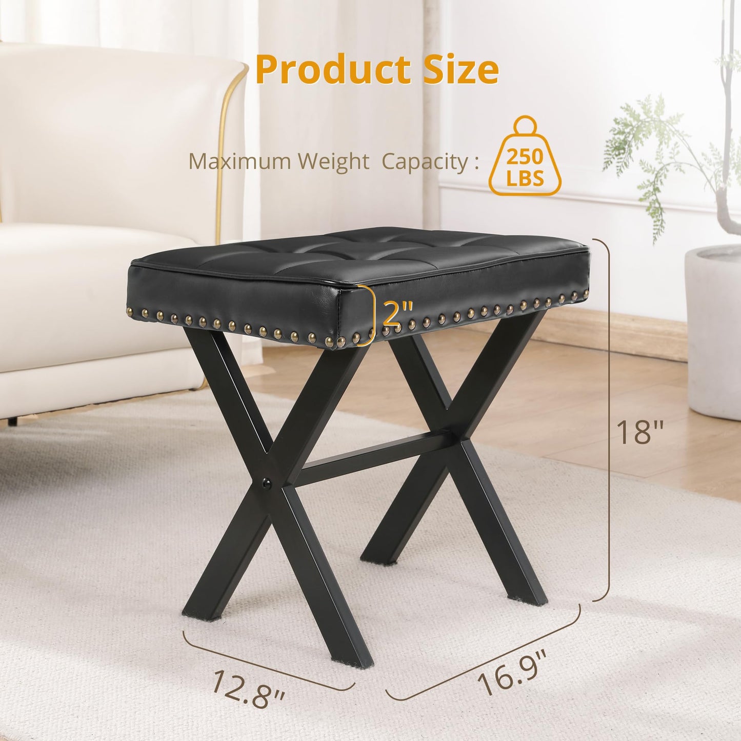 LUE BONA Vanity Stool - Square Faux Leather Makeup Seat With Metal X Legs, Small Ottoman Chair for Makeup Room, Living Room - Modern Padded Foot Rest, Black