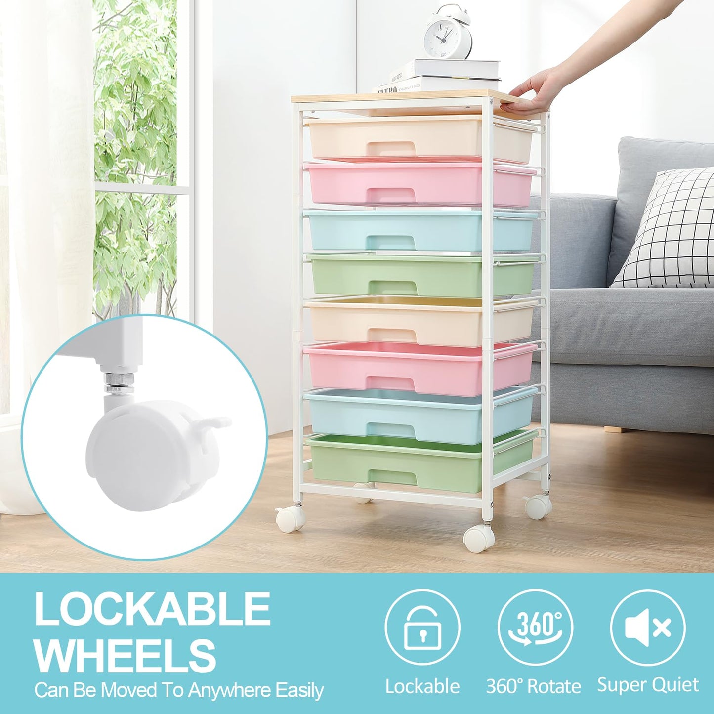 SYKIARIOL Rolling Storage Cart with Drawers,Utility Cart With 8 Drawers and Wooden Tabletop,Rolling Drawer Cart,Storage Drawer Cart for Living Room,Classroom,Bedroom,Bathroom,Dorm,Office,Rainbow