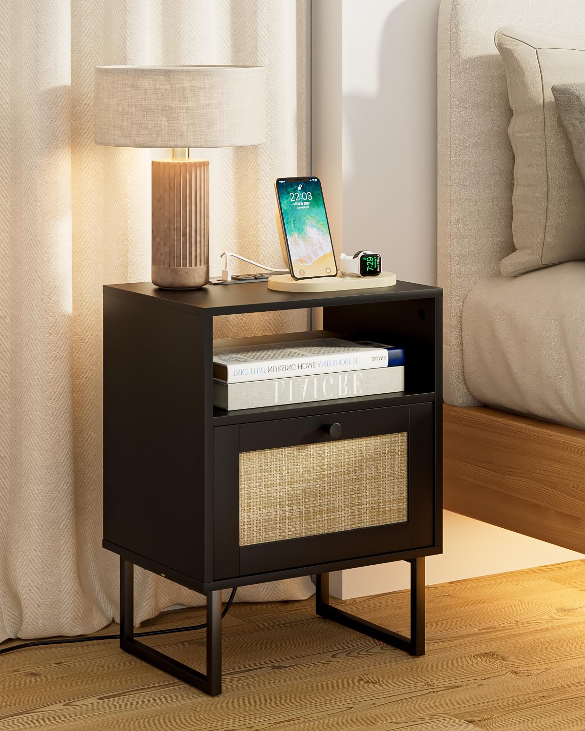Apetaccat Rattan Nightstand with Charging Station, Boho Night Stand Farmhouse Wood Bedside Table with Storage and Open Shelf, End Side Accent Table for Bedroom,Living Room,Black
