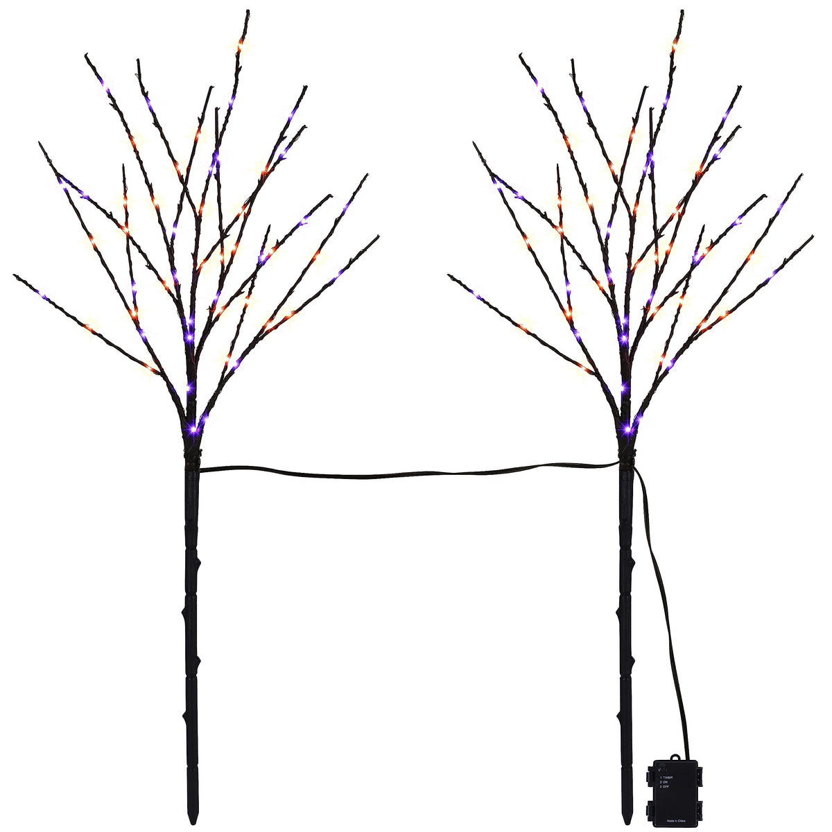 Lighted Halloween Tree Branches, 30IN 100LED Artificial Black Twig Branch with Purple&Orange Fairy Lights, Built-in Timer & Battery Operated, Waterproof for Outdoor Pathway Lawn Garden Decorations