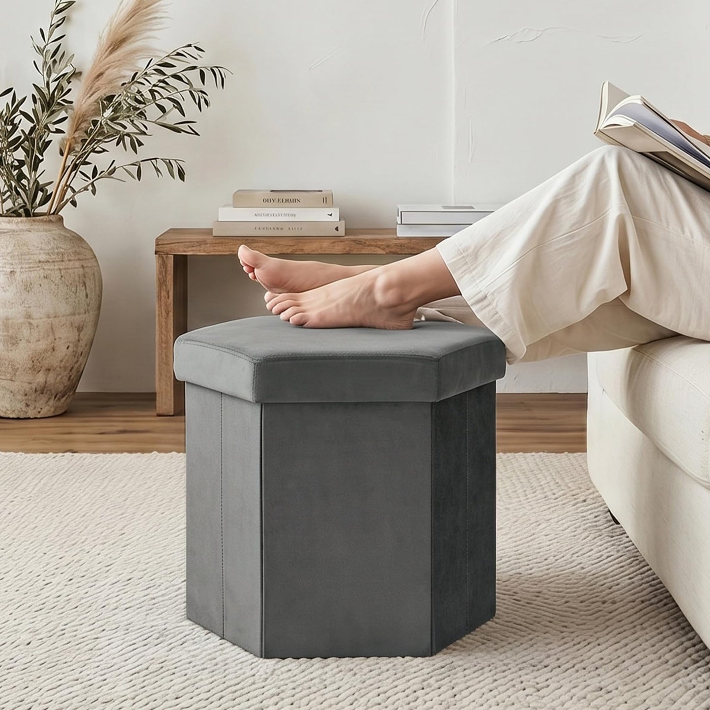 ZOLANOful Hexagon Storage Ottoman for Small Spaces, Velvet Accent Footstool with Hidden Storage, Foldable Ottoman Seat for Living Room, Bedroom, Dorm & Entryway, Charcoal, 15 x 16.9 x 15 Inch