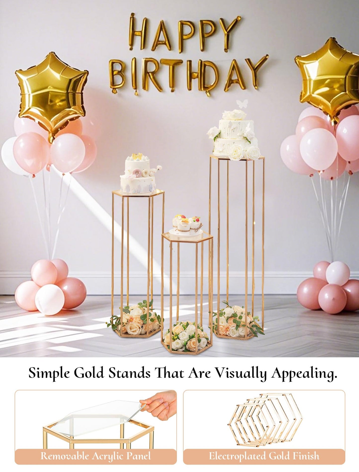 Inweder Cylinder Pedestal Stands for Party: Three-Piece Gold Hexagon - 23.6"/29.5"/35.4" Tall Gold Stand for Party - Cylinder Wedding Table for Outdoor Indoor Party