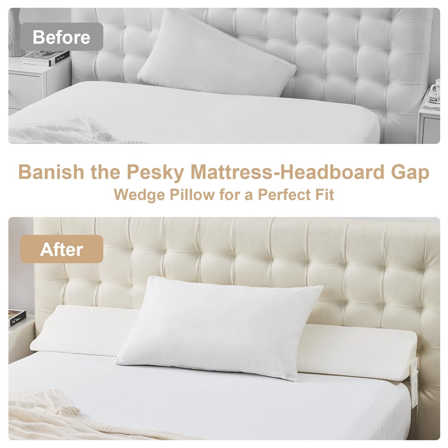Yojoker Twin Size Bed Wedge Pillow for Headboard Gap, Wedge Pillow Headboard with Side Pockets and Wave Contour, High-Density Foam Bed Gap Filler (0-6"), 39x10x6 Inch, White