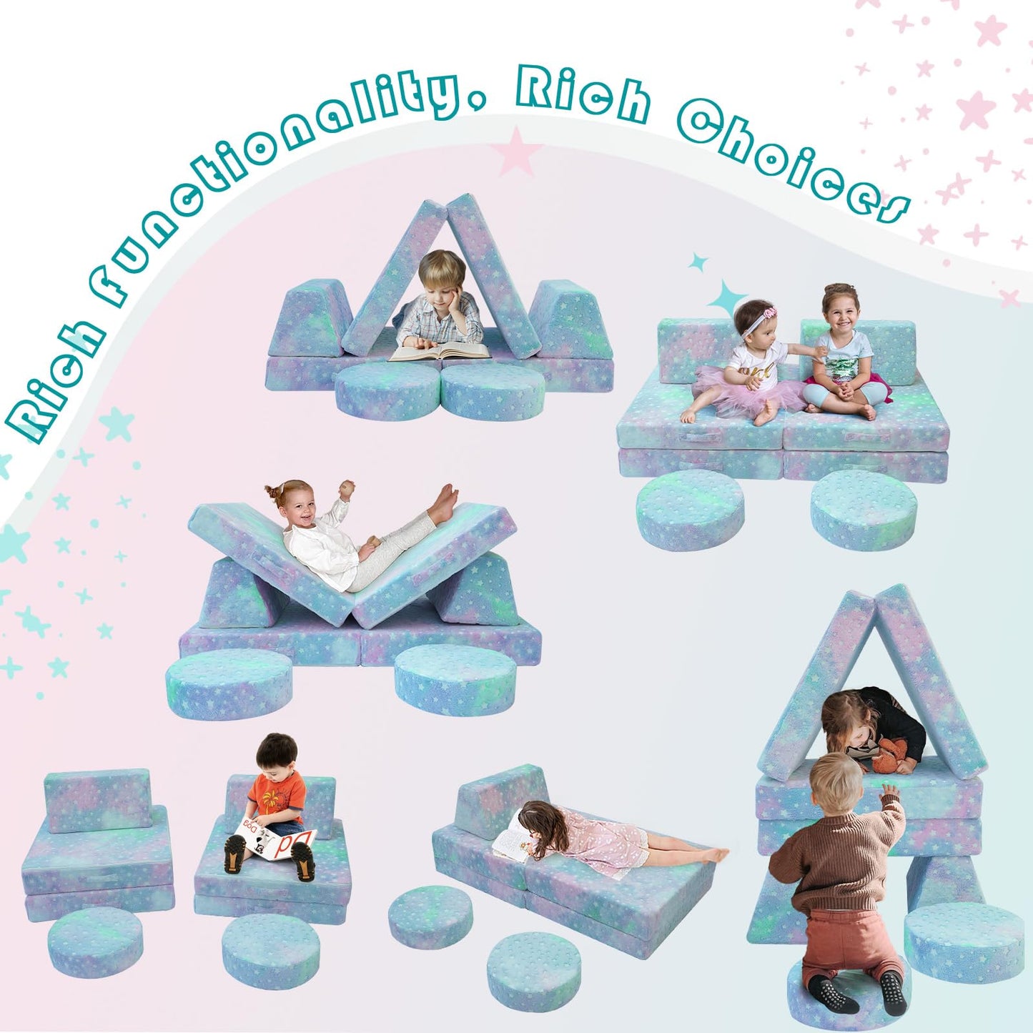 MeMoreCool Kids Couch, Colorful Star Modular Play Couch, Ages 3+