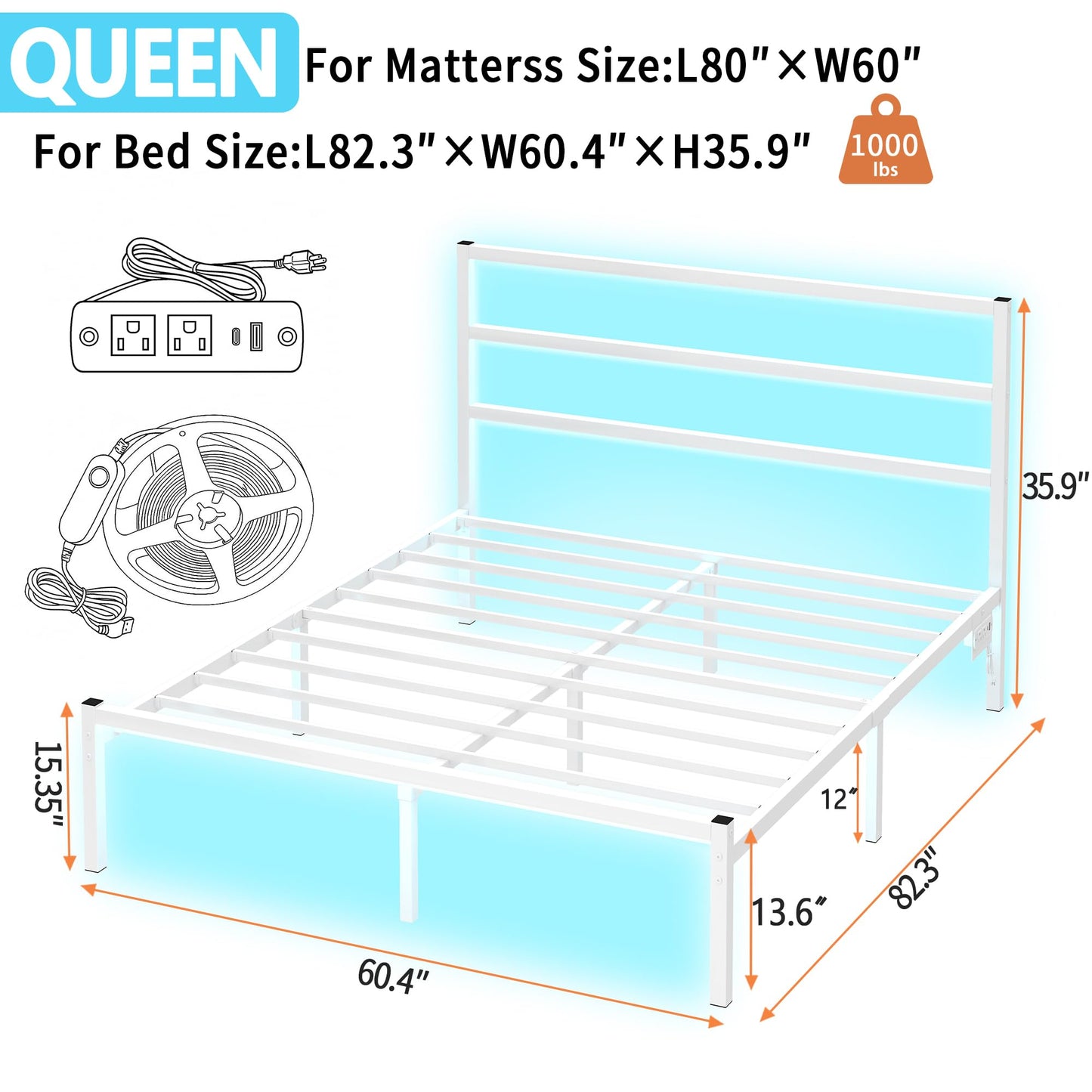 CLIBFENG Queen Size Bed Frame with Headboard,Heavy Duty Steel Slats Support-LED Bed Frame with USB Charging Station,Mattress Foundation-Under Bed Storage,No Box Spring Needed,Noise Free,White