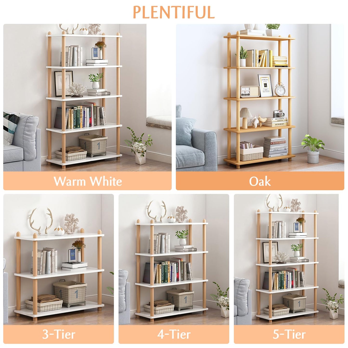 IOTXY 5-Tier Wooden Shelf Bookcase - Modern Open Bookshelf, Free Standing Storage Rack, Multifunctional Display Stand for Home and Office, White, Rectangle