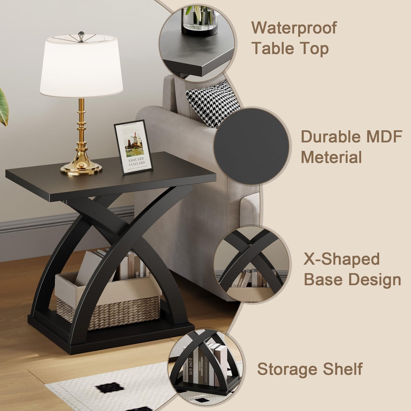 ChooChoo End Side Table, Modern End Table with Storage Shelf, X-Design Side Table Living Room (Black)