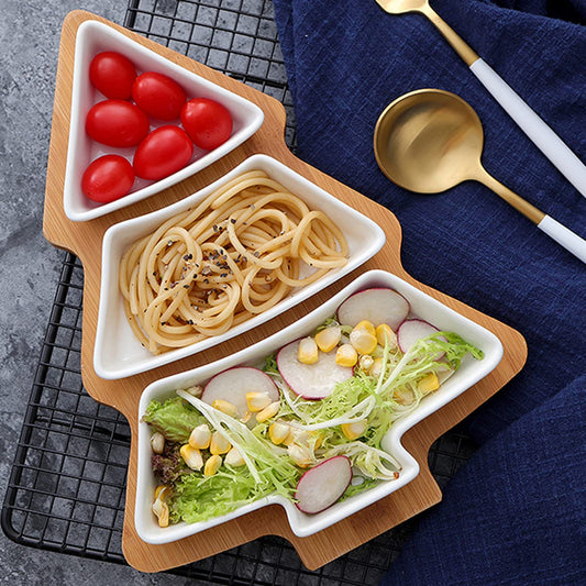 ROSE CREATE 11.6 Inches Big White Snack Appetizer Trays Set, Christmas Tree Dessert Serving Dishes, Snack Platter, 3 pcs Removable Porcelain Plates with Bamboo Tree Tray