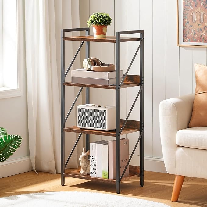 HOOBRO Bookshelf, 4-Tier Industrial Bookcase, Book Shelf Storage Organizer