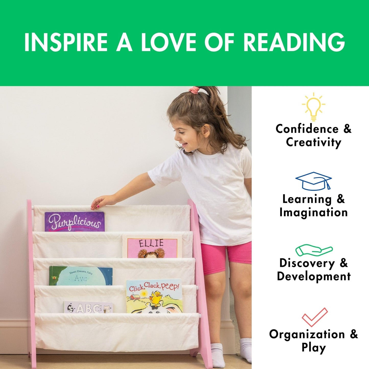 Humble Crew Kids Bookshelf, 4-Tier Front-Facing Book Display Organizer, Montessori Toddler Bookcase for Playroom, Bedroom & Reading Corner, Pink/White