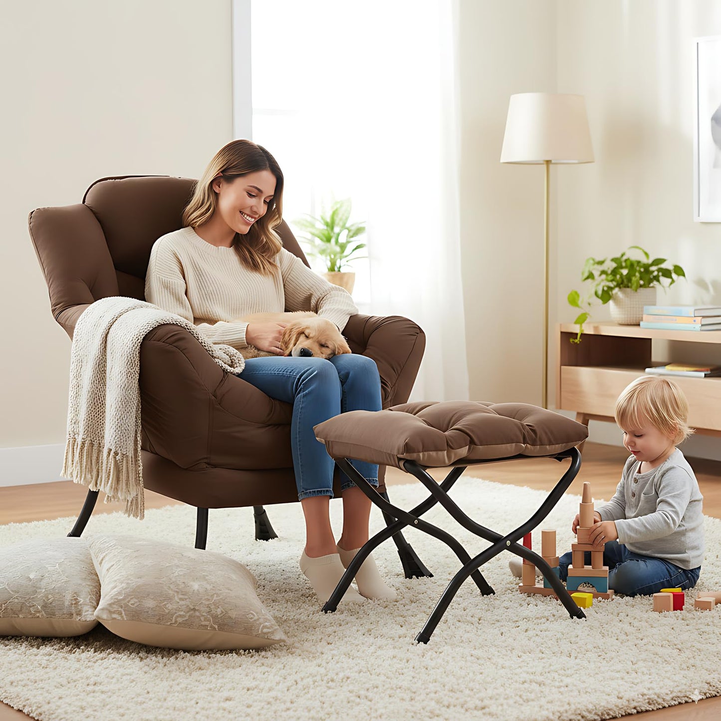 LITA Lazy Chair with Ottoman, Modern Accent Leisure Upholstered Sofa Chair, Contemporary Lounge Reading Chairs with Armrests and a Side Pocket for Living Room, Bedroom & Small Space, Dark Brown