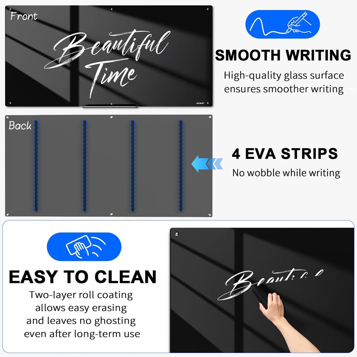 AFMAT Magnetic Black Glass Dry Erase Board, 48" x 36" Glass Blackboard, 4mm Tempered Glass w/Strong Magnetic Surface, Large Chalkboard for Wall, Frameless Wall Mounted for Office Home School