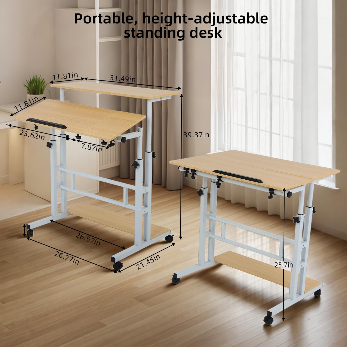 FAHKNS Small Standing Desk, Portable Stand Up Desk with Wheels, Adjustable Height Computer Desk for Home Reading Desk and Office Work